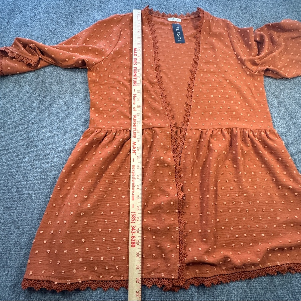 NWT Rust Boho Kimono Cardigan Lace Trim Sheer Cover Up Festival Size L - Picture 8 of 9